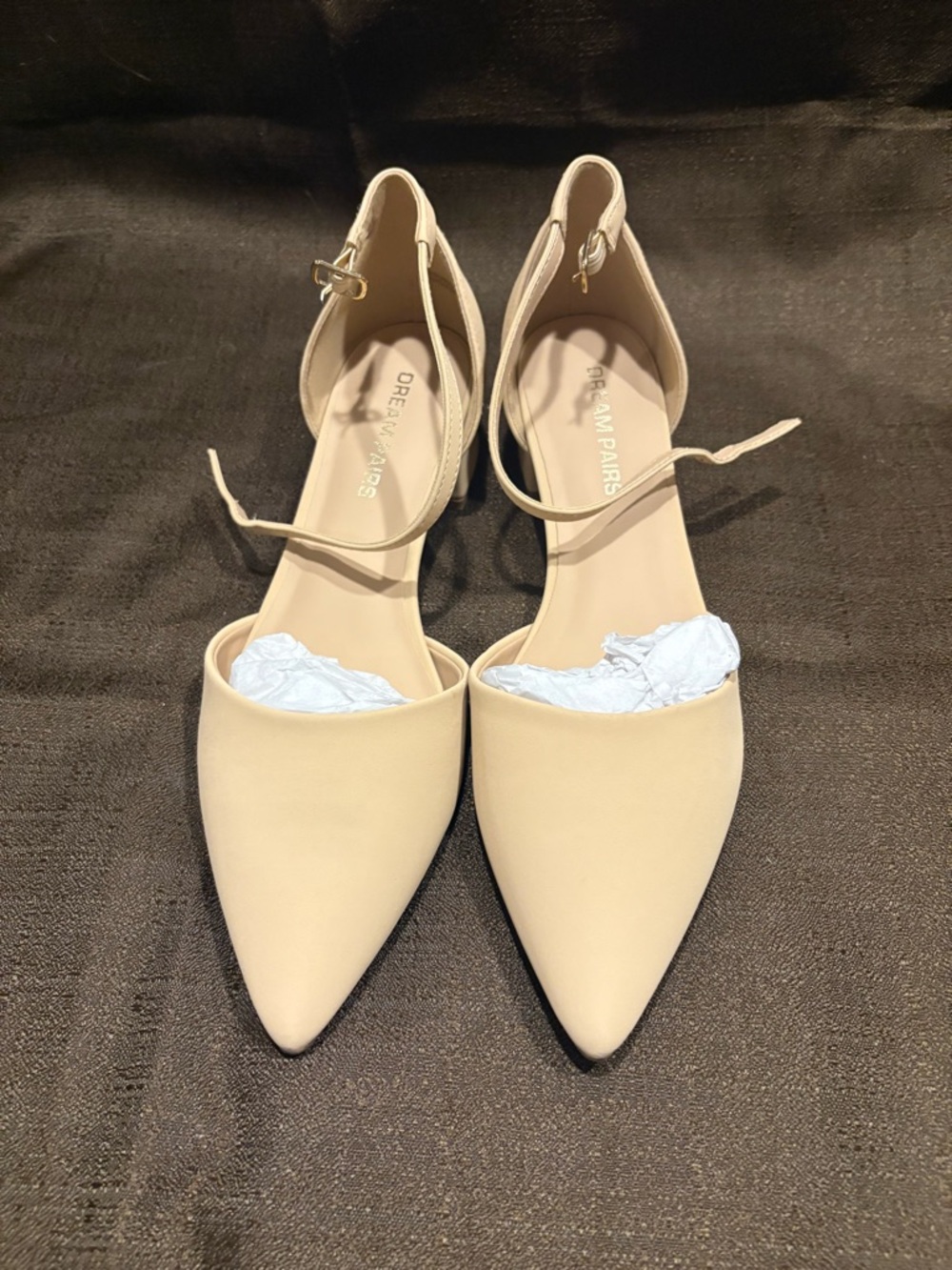 Elegant Pointed Toe Ankle Strap Flats in Beige 8.5